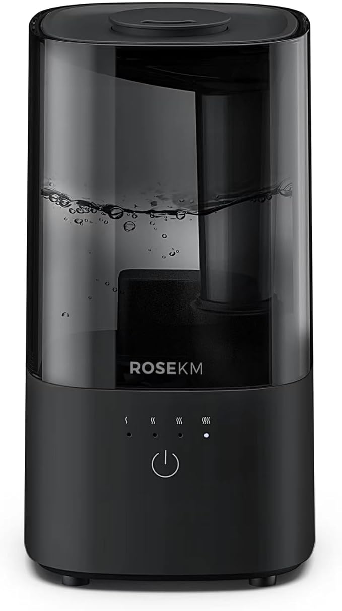 ROSEKM Humidifiers for Bedroom (1.1L), Small Cool Mist Humidifier for Home Plant and Baby Nursery, Quiet Ultrasonic Humidifier with 360° Nozzle, Auto Shut-Off, Filterless, Black