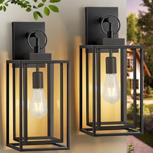 18 in Large Outdoor Light Fixture,Double Cage Square Black Outdoor Wall Lantern,Waterproof Outside Garage Lights,Exterior Porch Lights Wall Mount for Garage,Patio,Backyard,E26 Base,2 Packs