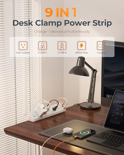 TESSAN Desk Clamp Power Strip 6 Ft with 2100J Surge Protector, Gray