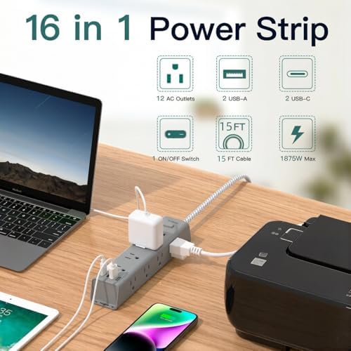15FT Extension Cord, Power Strip Surge Protector with 12 AC Outlets & 4 USB