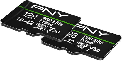 PNY 128GB PRO Elite Prime™ C10 U3 V30 A2 microSDXC Flash Memory Card – Ultra-Fast Speeds, Read 200MB/s, Write 150MB/s, 4K UHD, Full HD, UHS-I, for Smartphones, Drones, Action Cameras, 2-Pack