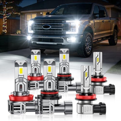 SEALIGHT Compatible For 2023-2025 Ford F250 F350 F450 F550 XL XLT Super Duty High/Low Beam Fog Light Bulbs Kit, 92000LM 800% Brightness 6500K White, -40°F Instant Start, Plug-N-Play, Pack of 6