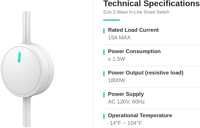 Ezlo Z-Wave In-Line Smart Switch, 800 Series with Energy Monitoring | Works with Ezlo, Alexa via hub, Home Assistant & More | 1800W Max Load for Lamps, Humidifiers, Appliances | Z-Wave Hub required
