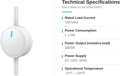 Ezlo Z-Wave In-Line Smart Switch, 800 Series with Energy Monitoring | Works with Ezlo, Alexa via hub, Home Assistant & More | 1800W Max Load for Lamps, Humidifiers, Appliances | Z-Wave Hub required