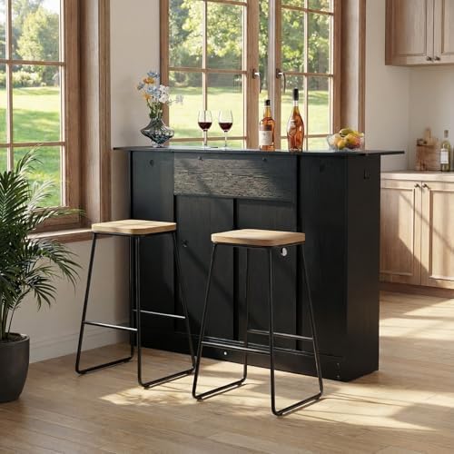 VEVOR Home Bar Unit, Wine Bar Cabinet Table 4-Tier with Storage Drawer Shelves, Wine Glass Holder, Bottle Rack, LED Light, Wood & Metal Liquor Cabinet for Home, Basement, Kitchen, Living Room, Black