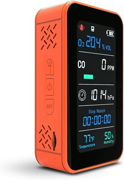 Portable Outdoor Environmental Monitor with O₂ & CO Level Tracking, Barometric Pressure, Temperature & Humidity, LED Flashlight and Stopwatch, Rechargeable Handheld Device for RV & Camping