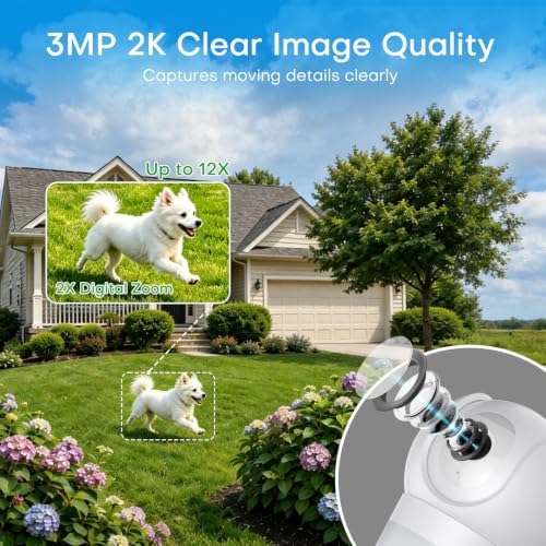 3MP 2K WiFi Light Bulb Camera with Alexa,Full-Color Night Vision,12x