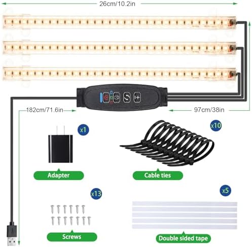 10.2'' 3 Head Grow Light Strips, LED Grow Lamps for Indoor Plants, Full Spectrum 3000K, Plant Light with 3/9/12H Timer, 10 Dimmable Levels for Seedling Succulent, Match for Plant Shelf