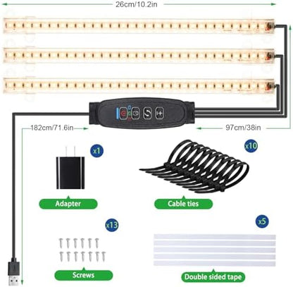 10.2'' 3 Head Grow Light Strips, LED Grow Lamps for Indoor Plants, Full Spectrum 3000K, Plant Light with 3/9/12H Timer, 10 Dimmable Levels for Seedling Succulent, Match for Plant Shelf