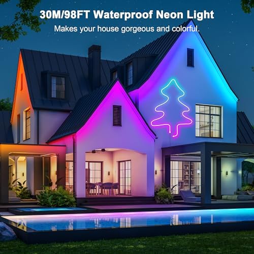 Cozylady RGB Neon Light LED Rope Light,Waterproof Bluetooth APP Remote Control Music Sync Strip Light,24V Flexible DIY Silicone Light for Bedroom Home Indoor Outdoor Decoration (100Ft/30M)