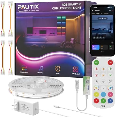 PAUTIX COB LED Strip Lights Pro, UL-Listed RGB Smart IC Chasing Color Addressable COB LED Tape Light, Music Sync Flexible RGB LED Lights, Smart Strip Light, for Party, Bedroom, Color Changing, 20ft