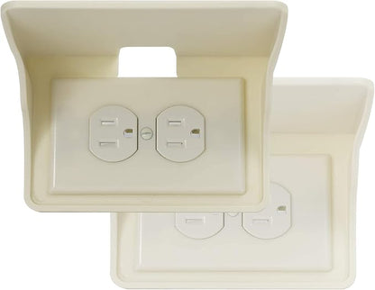 Power Perch Horizontal Outlet Shelf Organizer for Alexa Echo Dot Speakers, Phone - Wall Outlet Holder with Cord Storage Strap - Socket Shelf Bathroom Kitchen Counter Charging Station - Almond 2 Pack