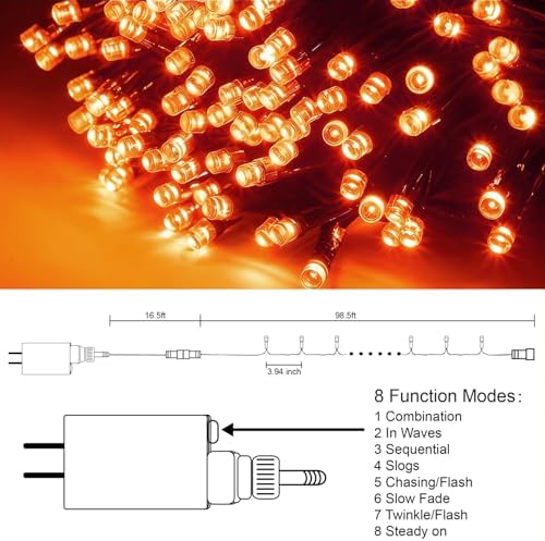 300 LED Halloween Lights, 98.5FT Halloween String Lights with 8 Lighting Modes, Waterproof & Connectable Mini Light, Plug in for Indoor Outdoor Holiday Christmas Party Bedroom Decorations (Orange)