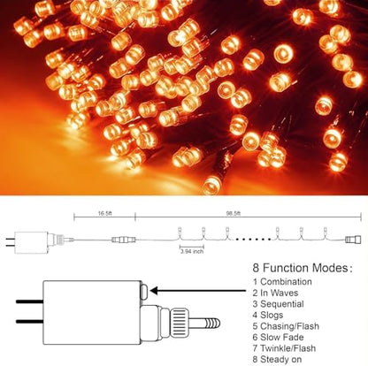 300 LED Halloween Lights, 98.5FT Halloween String Lights with 8 Lighting Modes, Waterproof & Connectable Mini Light, Plug in for Indoor Outdoor Holiday Christmas Party Bedroom Decorations (Orange)