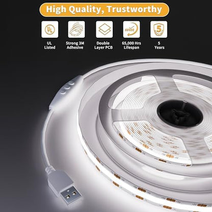 PAUTIX 5V USB COB LED Strip Light 6.56ft/2m 1200lm, Dimmable 640LEDs 6000K Daylight White CRI90+ with RF Remote TV Backlight,Flexible Under Cabinet Tape Light for Bedroom,Kitchen,Home DIY Lighting
