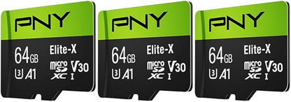 PNY 64GB Elite-X Class 10 U3 V30 microSDXC Flash Memory Card, 3 Count (Pack of 1) - 100MB/s, Class 10, U3, V30, A1, 4K UHD, Full HD, UHS-I, Micro SD