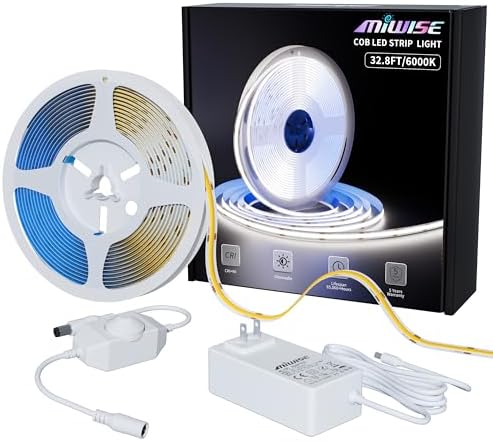 MIWISE COB LED Strip Light 32.8ft/10m,CRI 90+ Daylight White 6000K High Lumen Dimmable Super Bright Flexible DC24V LED Tape Light with Controller/Dimmer,for Cabinet Home Office DIY Lighting Projects