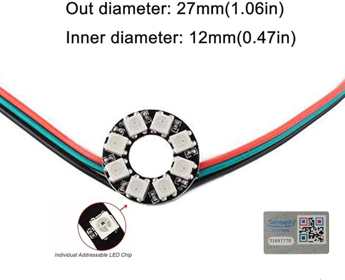8 Bits WS2812 Addressable LED Ring with SM2.54-3P Wire, DC5V WS2812B 5050 RGB LED with Built-in Drivers Pixels Individual Controlling for Arduino Pi ESP8266 ESP32 Nodemcu (8 bits)