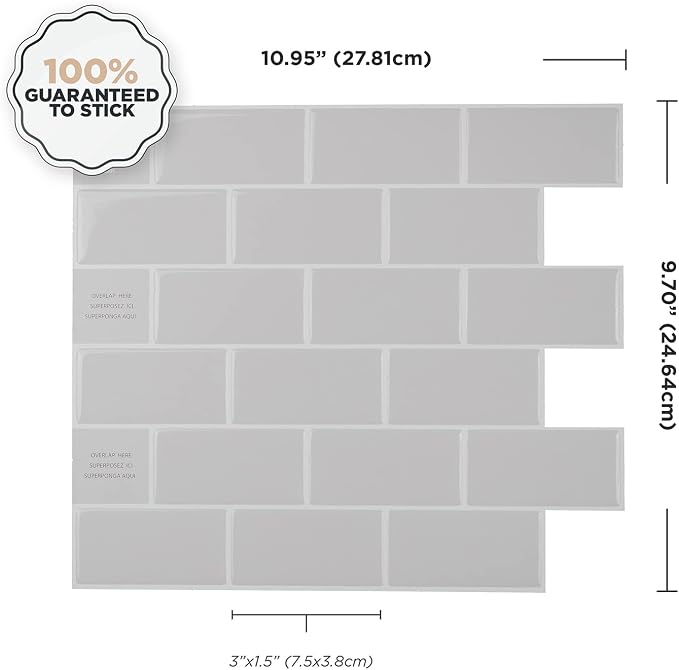 Smart Tiles Peel and Stick backsplash, Subway Pearl Gray, 10.95"x9.7" | Pack of 10 (6.3 sq ft), Glossy, Heat/Moisture Resistant, Low VOC, Kitchen/Bathroom, Renter Friendly, Made in Canada