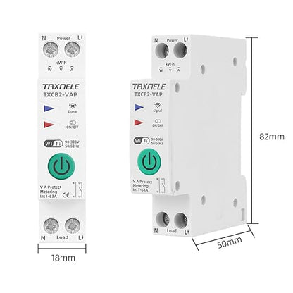 TUYA WiFi Smart Circuit Breaker Power Metering Energy Meter KWh 1P 230V 63A Voltmeter Ammeter Energy Meter DIN Rail Smart Life Wireless Remote Control Switch Timer Voice Control (1-63A Adjustable)