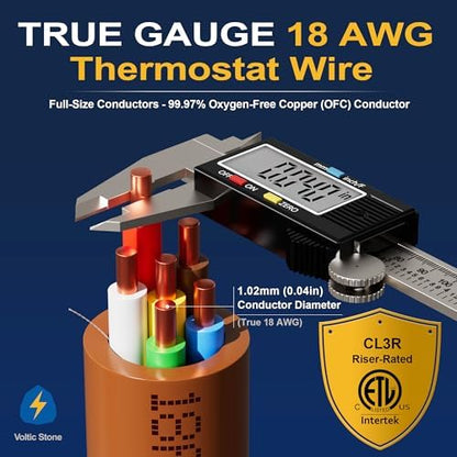 18/6 Thermostat Doorbell HVAC Wire, True Gauge 18 AWG 6 Conductor Solid Copper Control Cable, ETL Listed CL3R/CMR Riser Rated Flame-Retardant, RoHS, for 0-30V Low Voltage Systems - 20FT