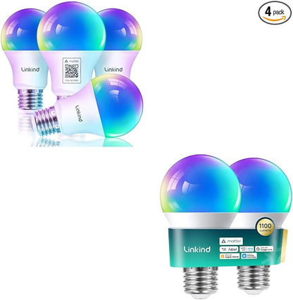 Linkind Matter Smart Light Bulbs 1100LM (75W Equivalent) 2Pack Bundle Matter Smart Light Bulbs 800LM (60W Equivalent) 4Pack (Compatible with Alexa/Apple Home/Siri/Google Home/SmartThings)