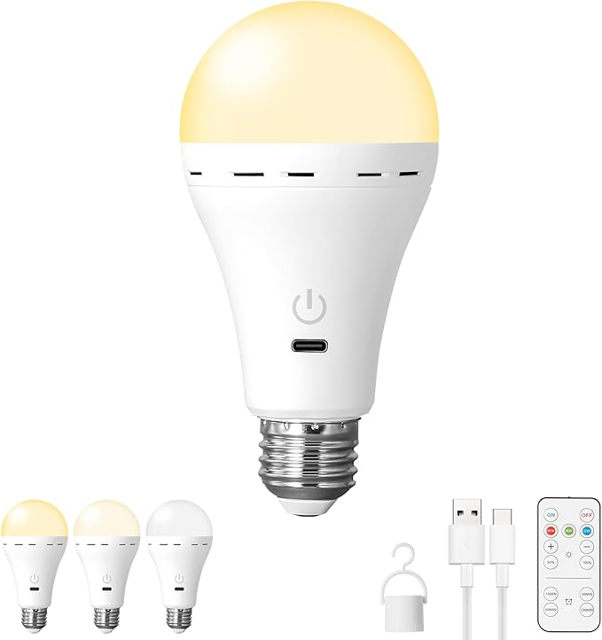 1Packs Magic Rechargeable Light Bulbs with Remote Control, E26 Cordless Battery Operated Light Bulb for Lamps, Wireless No Electricity Smart Battery Powered LED Bulb, 2200mAh/Dimmable/Timer