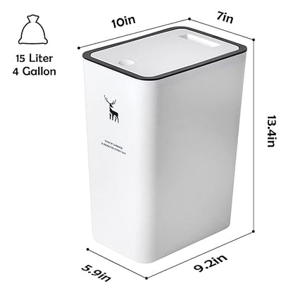 XPIY Trash Can with Lid, 2 Pack 4 Gallons/15 Liters Garbage Can with Press Top, Small Trash Can Dog Proof, Plastic Trash Bin, Waste Basket for Bathroom|Kitchen|Bedroom|Office (2, White)
