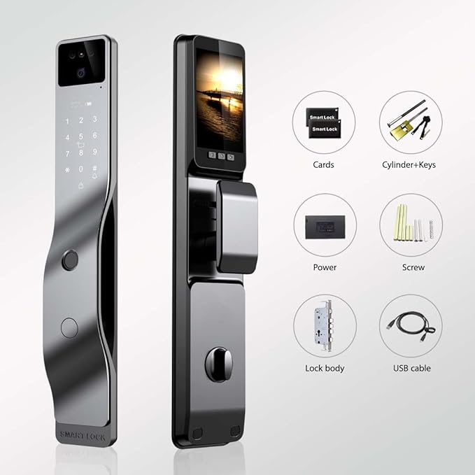 Smart Door Lock with Camera, 3D Face Recognition, Biometric Palm Vein Keyless Entry Deadbolt, Video Doorbell Intercom, Fingerprint, Passcode, Card, Touchscreen Keypad, Tuya App, Alexa, Front Door Home
