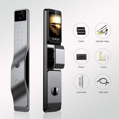 Smart Door Lock with Camera, 3D Face Recognition, Biometric Palm Vein Keyless Entry Deadbolt, Video Doorbell Intercom, Fingerprint, Passcode, Card, Touchscreen Keypad, Tuya App, Alexa, Front Door Home
