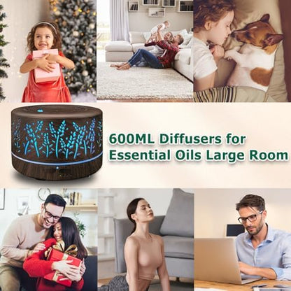 Diffusers for Essential Oils Large Room,600ml Essential Oil Diffusers for Home,Waterless Auto Off 7 Colors Changed 3 Mist Modes,Cool Mist Humidifiers for House Bedroom Decor,Gifts,Dark Wood