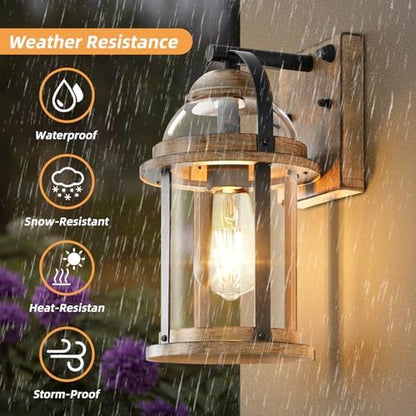 OKELI Dusk to Dawn Outdoor Wall Lights, Waterproof Lighting Fixtures Rustic Farmhouse Wall Lanterns with Clear Glass Shades Anti-Rust Outside Lights for Garage Patio Porch(Wood Grain, 1 Pack)