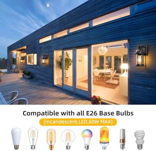 OKELI Dusk to Dawn Outdoor Wall Lights, Waterproof Lighting Fixtures Rustic Farmhouse Wall Lanterns with Clear Glass Shades Anti-Rust Outside Lights for House(Black with Gold-Trim, 1 Pack)