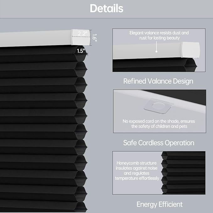 Cellular Shades Light Filtering Honeycomb Blinds for Indoor Windows, Cordless Cellular Shades 1.5 inch Cell Pleated for Bedroom Home Office, Custom Size, Half Shading Midnight Spark