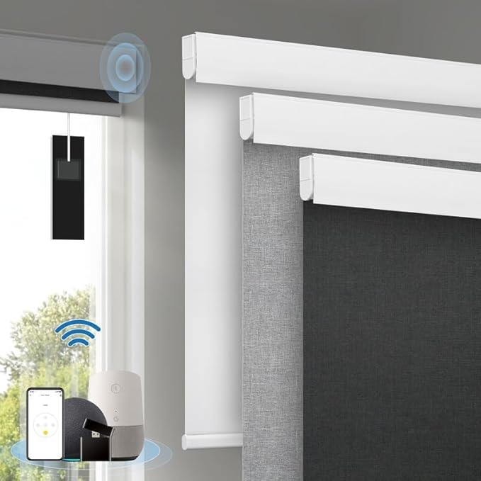 Motorized Blinds with Remote, [Free Solar Panels] Cordless Smart Blinds with Valance Cover, Blackout Electric Blinds with Remote Control, Automatic Roller Shades for Windows Light Black 29" W x 72" H