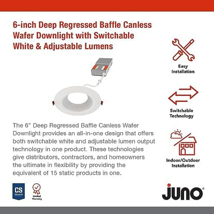 Juno LED Recessed Lights 6 Inch Round Wafer Downlight, 5-in-1 Switchable White Color Temperature, Adjustable Brightness, Deep Regressed Baffled Trim, 6-Inch, Matte White