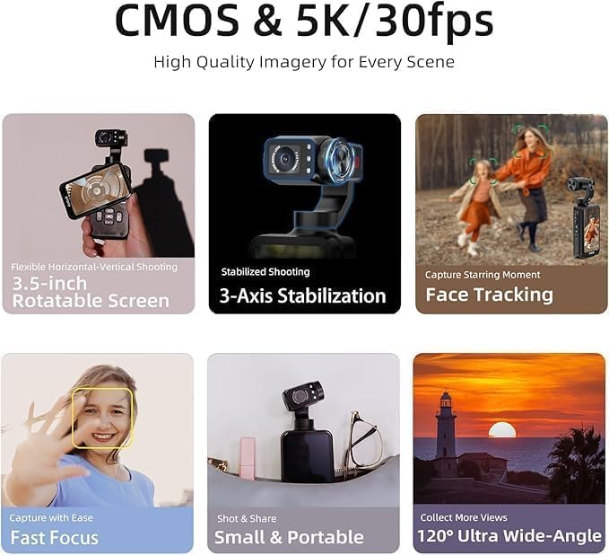 ORDRO M5 Handheld Camcorder Video Camera, 3-Axis Stabilisation, 3.5-inch Rotating Touch Screen, IR Night Vision WDR Face Tracking 120 ° Wide Angle for YouTube with 64G Card