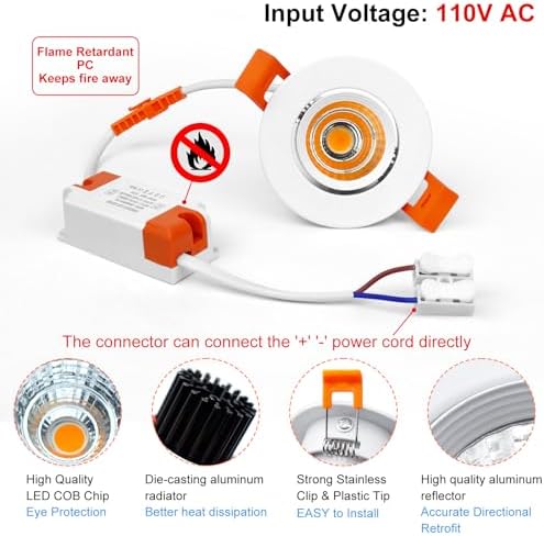inShareplus 2 Inch LED Downlight, 3W Recessed Lighting COB Dimmable, 3000K Warm White, CRI80, Ceiling Lights with LED Driver, 20 Pack