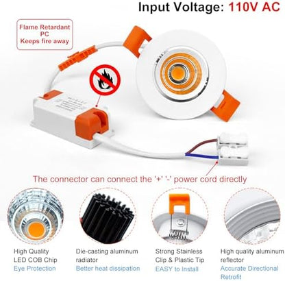 inShareplus 2 Inch LED Downlight, 3W Recessed Lighting COB Dimmable, 3000K Warm White, CRI80, Ceiling Lights with LED Driver, 20 Pack