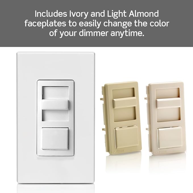 Leviton IllumaTech Dimmer Switch for Dimmable LED, Halogen and Incandescent Bulbs, IPL06-10Z, White with Ivory and Light Almond Faceplates