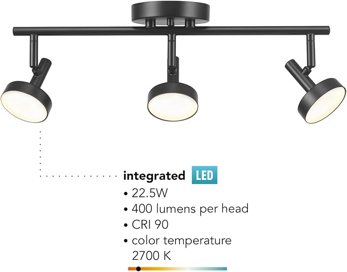 Globe Electric 64000007 19" 3-Light 22.5W Dimmable LED Integrated Track Lighting, Matte Black, Lighting for Kitchen, Bathroom, Bedroom, or Dining Room, Living Room Ceiling Lights, Light Fixture