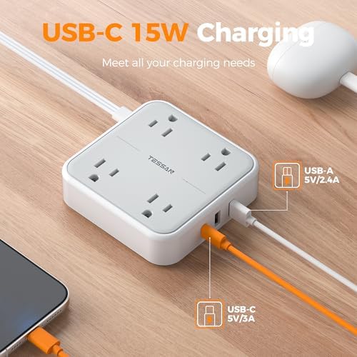 TESSAN Surge Protector Flat Extension Cord 3 Ft, Ring Plug Power Strip