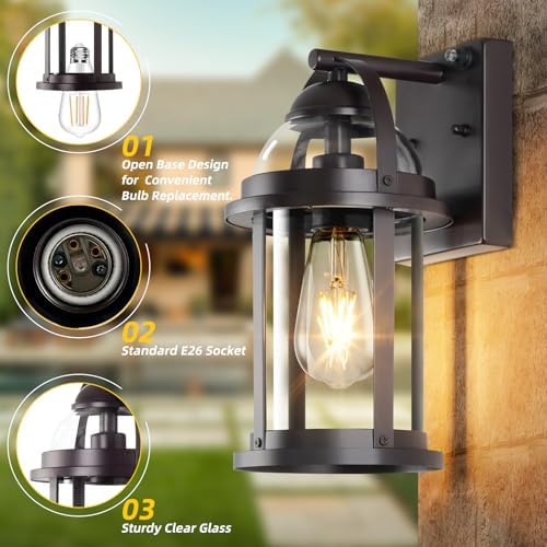 OKELI Dusk to Dawn Outdoor Wall Lights, Waterproof Lighting Fixtures Rustic Farmhouse Wall Lanterns with Clear Glass Shades Anti-Rust Outside Lights for Garage Patio Porch(Brown, 1 Pack)