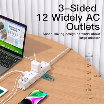 20FT Long Extension Cord, Power Strip with 12 AC Multiple Outlets & 4 USB