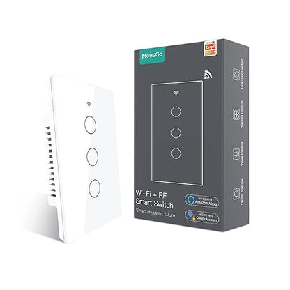 MoesGo WiFi Smart Wall Light Switch,Glass Panel, Multi-Control(3 Way), 2.4GHz Wi-Fi Touch Switches, Neutral Wire Required, Remote Control Smart Life/Tuya App, Work with Alexa, Google Home White 3 Gang