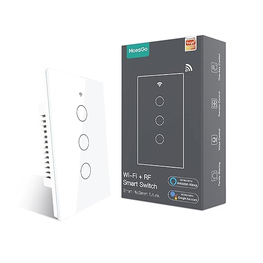 MoesGo WiFi Smart Wall Light Switch,Glass Panel, Multi-Control(3 Way), 2.4GHz Wi-Fi Touch Switches, Neutral Wire Required, Remote Control Smart Life/Tuya App, Work with Alexa, Google Home White 3 Gang