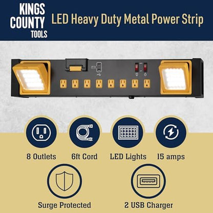 Power Strip with USB Ports and 8 Outlets - UL Listed Metal Power Strip Wall Mount Multi Plug with LED Work Light, 6ft Cord and 15A Circuit Breaker and Overload Protection by Kings County Tools