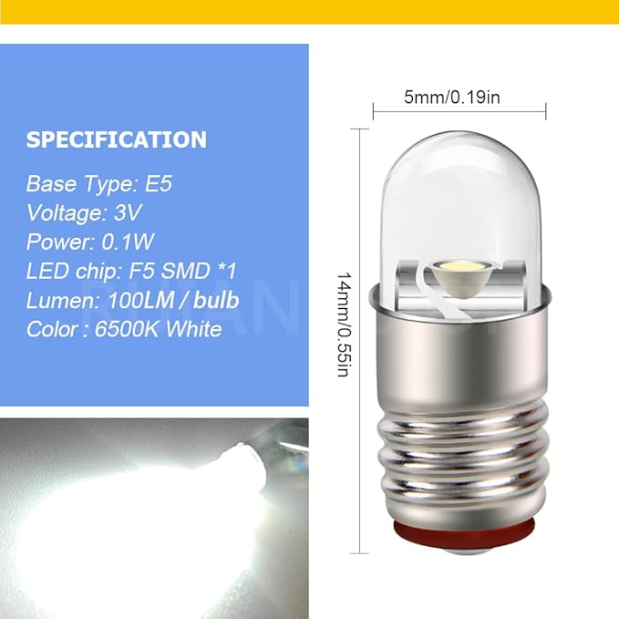 Ruiandsion E5 LED Bulb 3V White E5 E5.5 Screw Base LED Bulb Upgrade for Modle Train Lights(Pack of 10)
