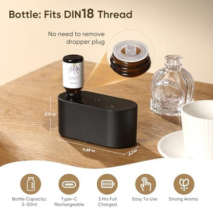 Waterless Diffuser for Home Essential Oil Diffuser, Aromatherapy Diffuser, Portable Scent Diffusers, 3 Mist Modes, Cycle Start for Bedroom, Office Studio 350-700 sq. ft Black