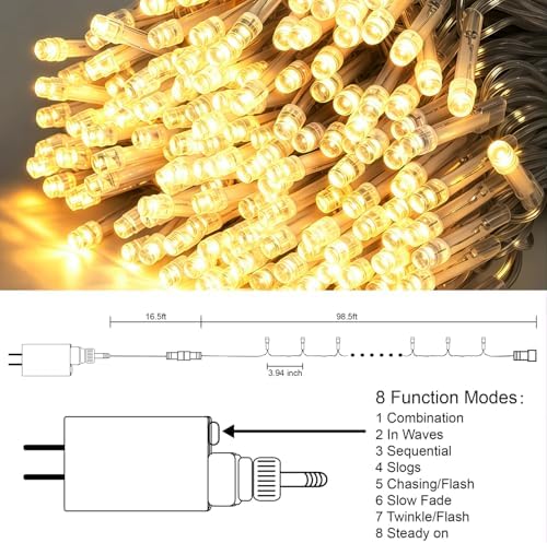 LJLNION 300 LED String Lights Outdoor Indoor, Extra Long 98.5FT Christmas Lights, 8 Lighting Modes, Plug in Waterproof Fairy Lights for Wedding Party Bedroom Decorations (Warm White)